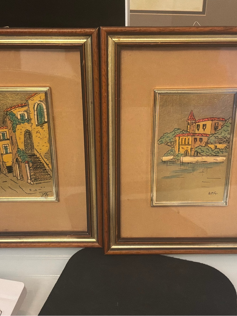 2 Framed Mediterranean Village Art Prints in Tan and Gold - Unbranded